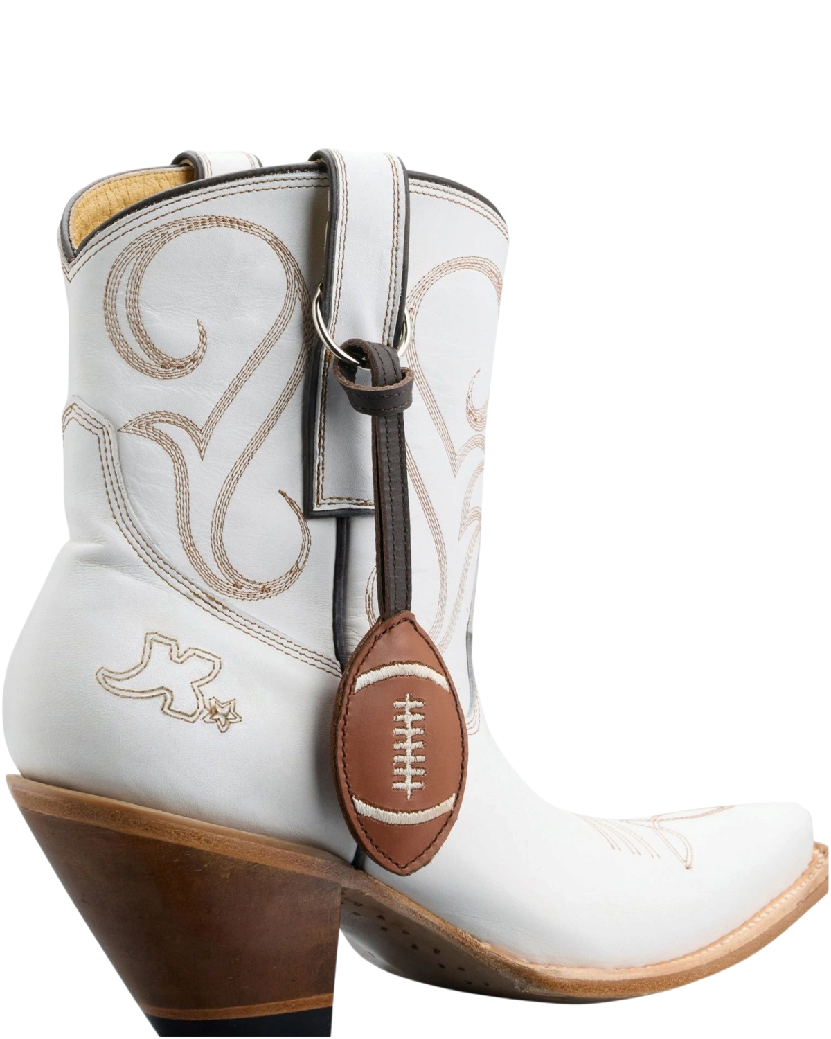 Old Gringo Boots white cowhide leather western ankle boot with contrast stitching and football pigskin bauble charm