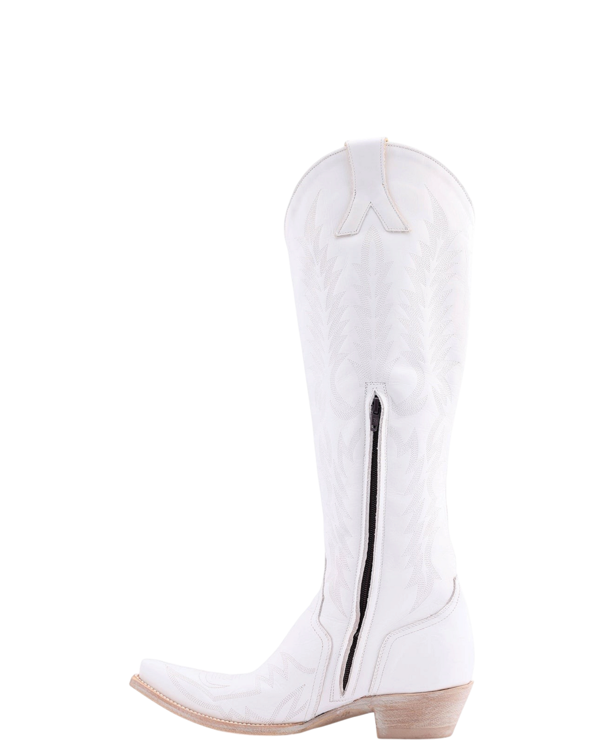 Old Gringo Boots Mayra Bis white 18-inch tall Vesuvio leather western boot with side zipper and intricate stitching