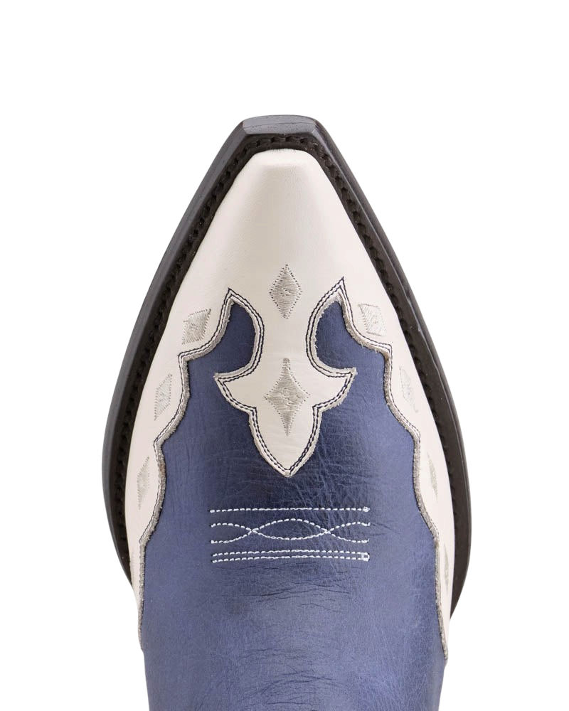 Old Gringo Boots Will Call cowhide shortie boot featuring blue and cream leather with intricate stitchwork
